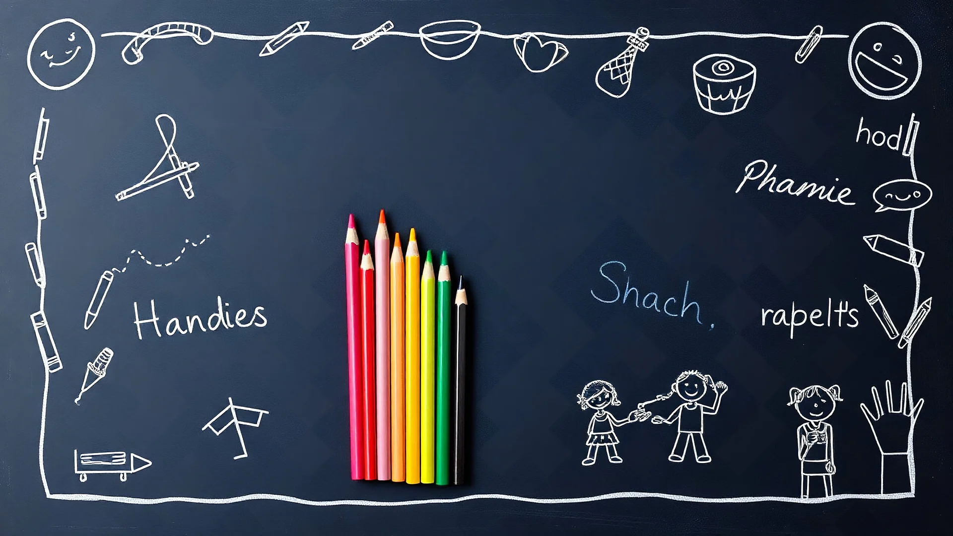 Blackboard design with a bunch of colored pencils in the middle of the image and children's writing and drawings on a blue background