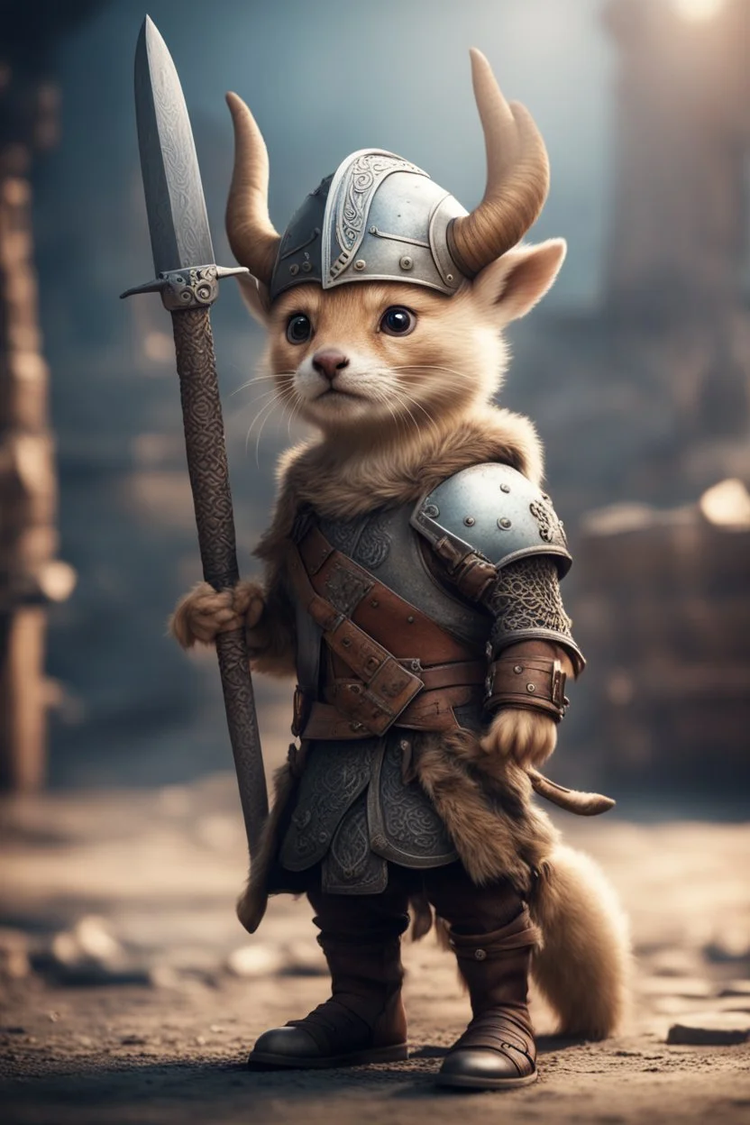 portrait of cute fast historic strong viking weasel with horned viking helmet & boots holding ornate viking sword in fallout 4 setting, bokeh, downlight, prize winning, depth of field, in the style of ivo caprino