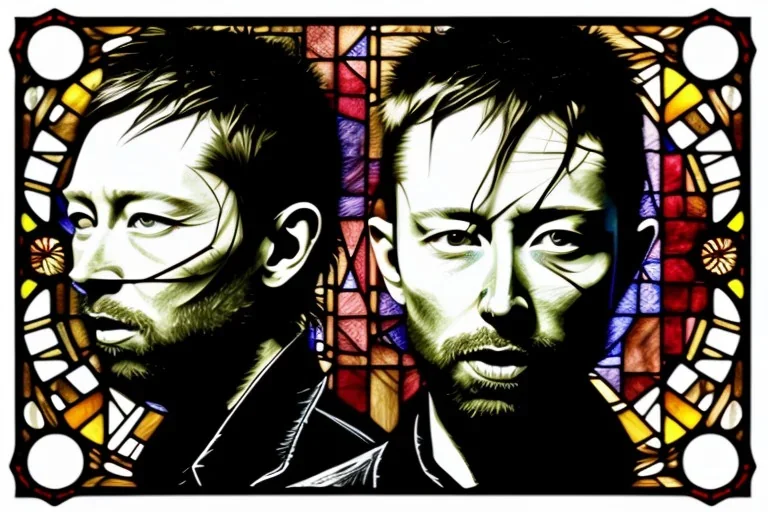 Stained glass window of Thom Yorke's face