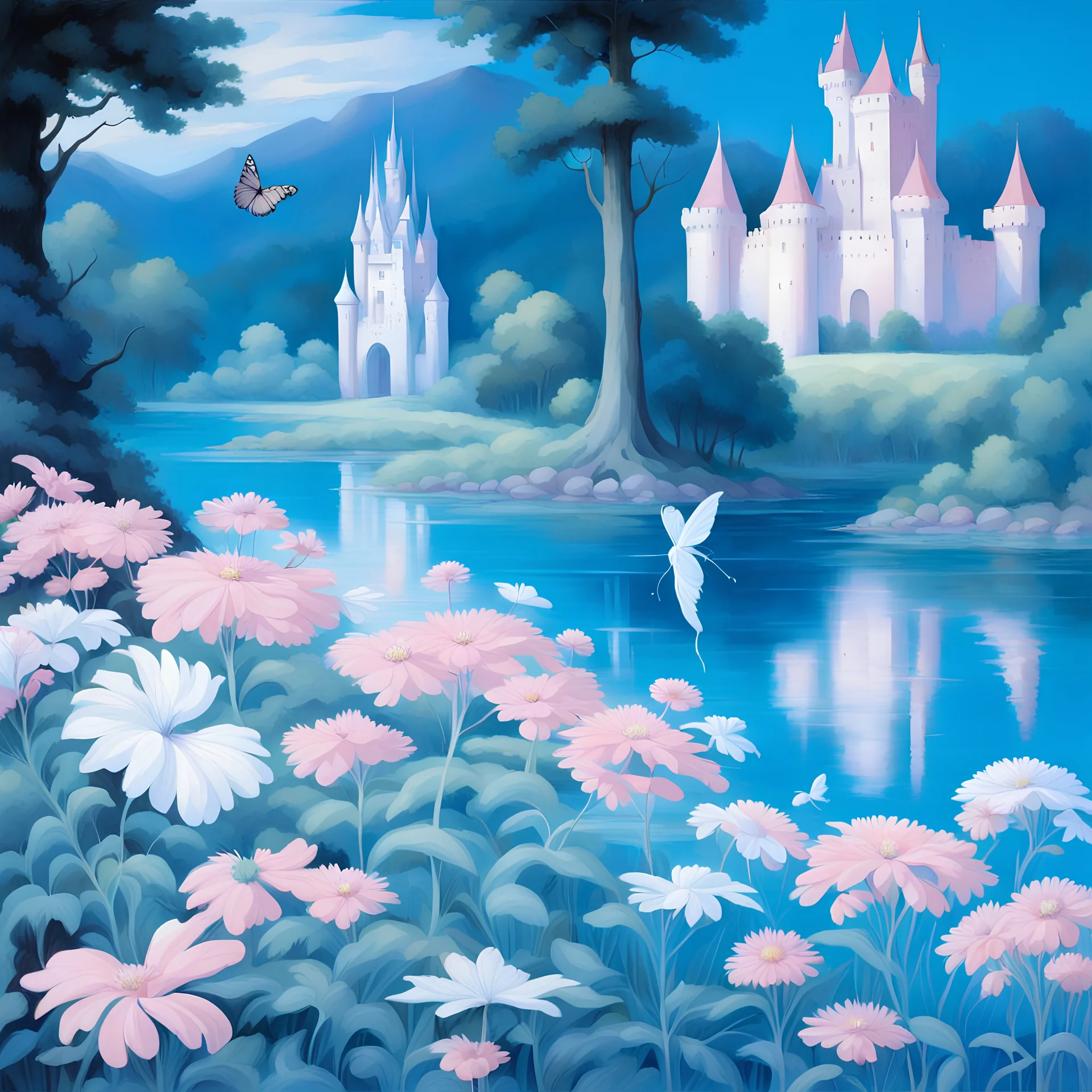 Dans l'avant-plan, des fleurs sauvages imposantes, désordonnées, sont entourées de grands arbres en fleurs aux teintes bleues, blanches et roses. Une étendue d'eau est agrémentée de papillons de grande taille, blancs ou roses, tandis qu'un château féerique et in nt se dresse en arrière-plan, offrant une qualité visuelle exceptionnelle et une représentation réaliste.