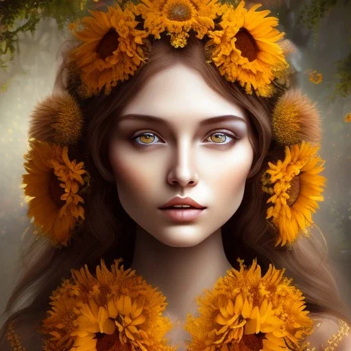 sunflower marigold goddess, beautiful face, dress, brown hair