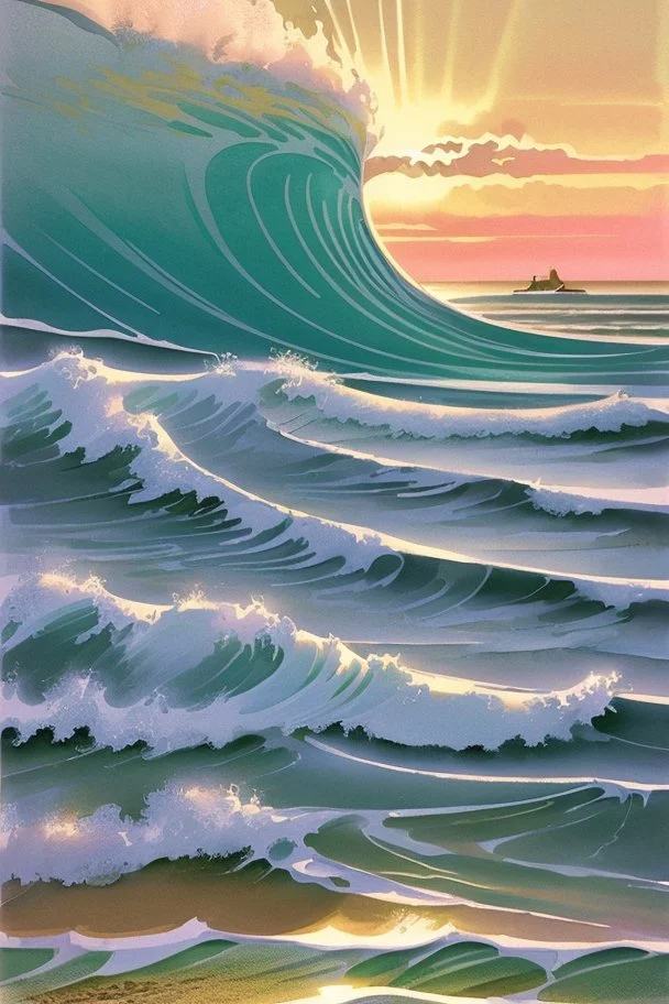 Vintage travel poster showcasing the majestic waves on beaches of Landes in France in a watercolor painting style reminiscent of 1930s European travel advertisements, like those by Henri Cassiers. The scene is captured during golden hour with soft glows highlighting the peaks, featuring muted pastels with pops of rich blues and greens. The composition offers a wide-angle view, with a focal length of around 24mm, presenting a vast mountain range at the center and a quaint village at the base.