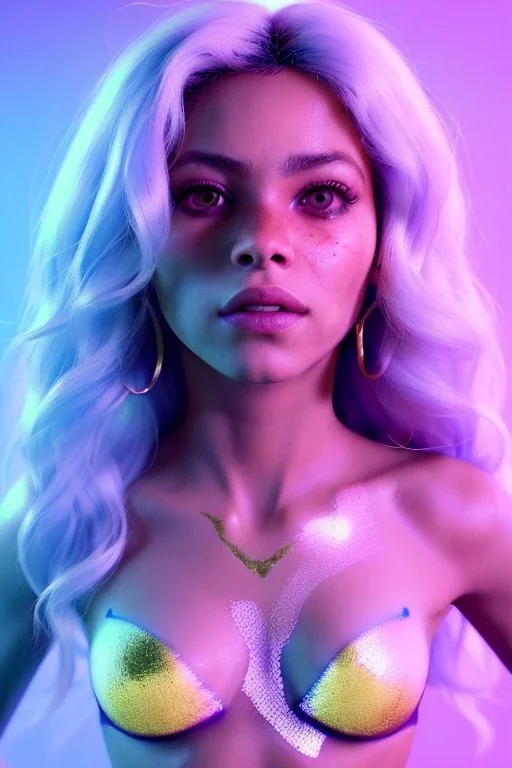 Shakira artist, Realistic image, natural waist up portrait, natural busty , perfect eyes, glow, circle iris, eye liner. spray line make up, glow. lips, gold. big rings piercing, led ornament. coat, vibrant color, highly detailed, art stations, concept art, smooth, unreal engine 5, god lights, ray tracing, RTX, lumen lighting, ultra detail, volumetric lighting, 3d, finely drawn, high definition, 4k.