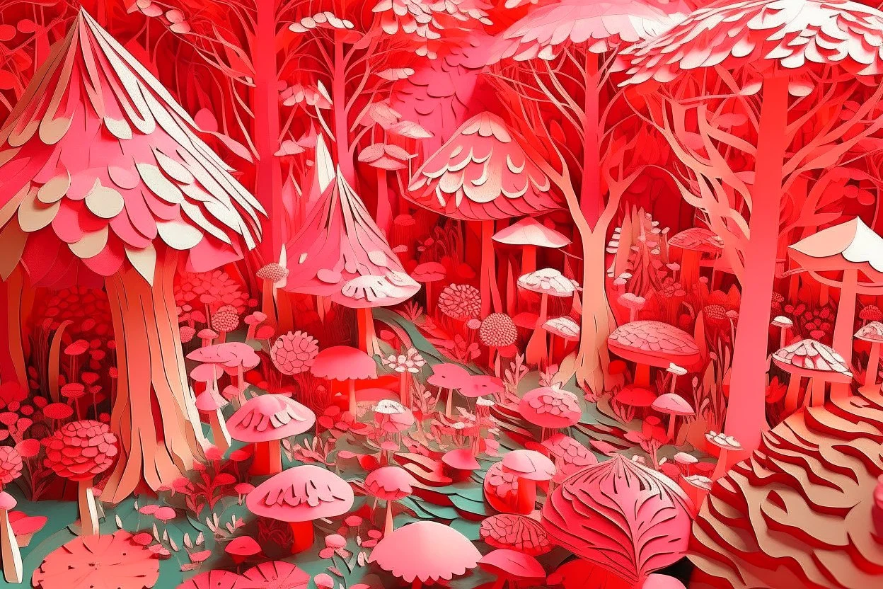 A pink forest with fairies and mushrooms designed in Japanese origami painted by Grant Wood