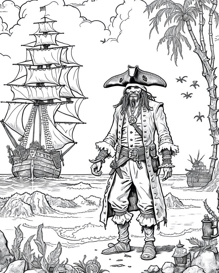 Pirates of the Caribbean: Ghostly Pirates Coloring Adventure: Design a spine-chilling coloring page inspired by the Pirates of the Caribbean movie, showcasing ghostly pirates haunting a deserted island. Let young artists explore their imagination as they add eerie details to the tattered clothing, glowing eyes, and ghostly apparitions. This coloring page provides a thrilling and chilling experience for kids to bring the haunting scene to life in black and white.