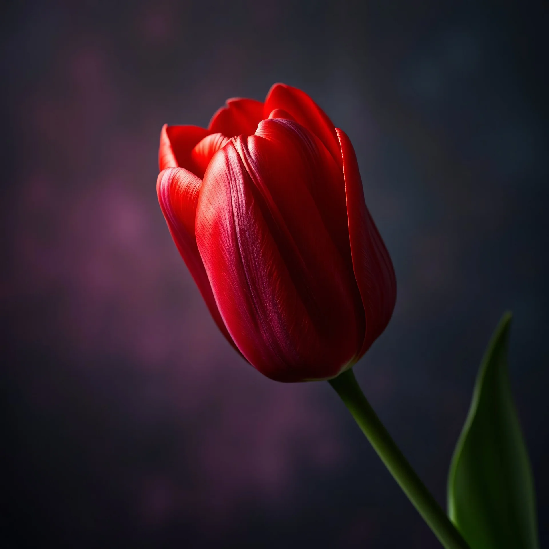 Create dark big red tulip and dark multicoloured background