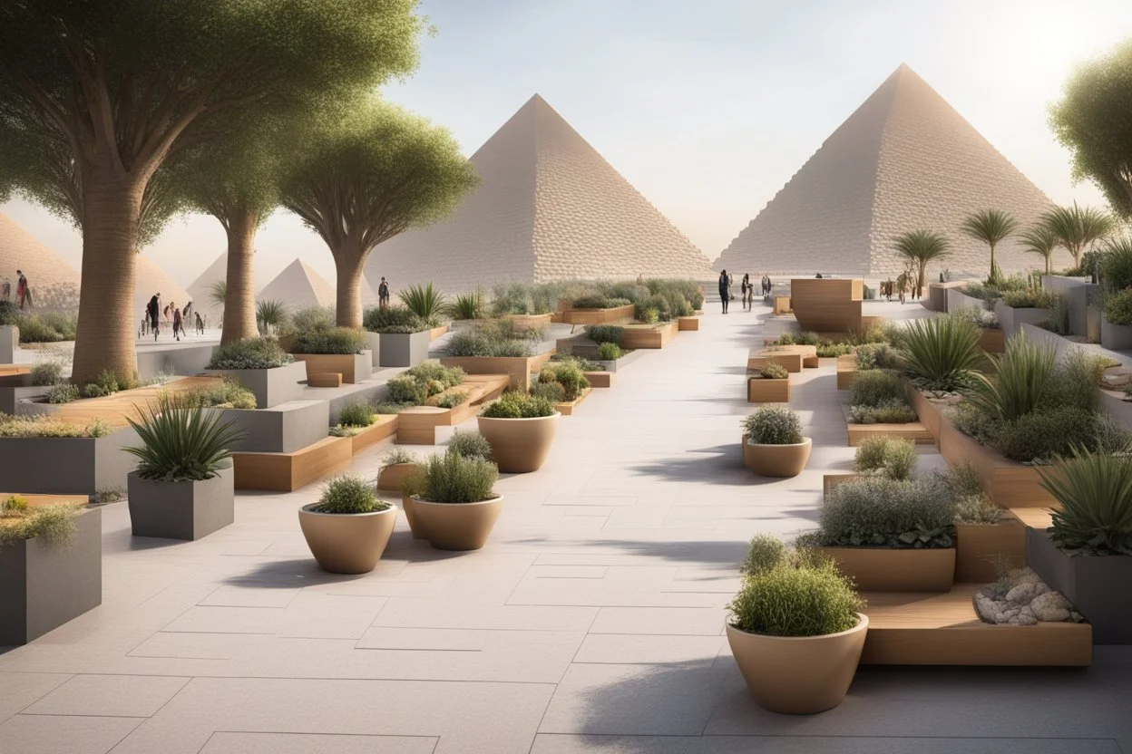 urban design tourist walkway with the pyramids , moder street seating , planters , Bazaar