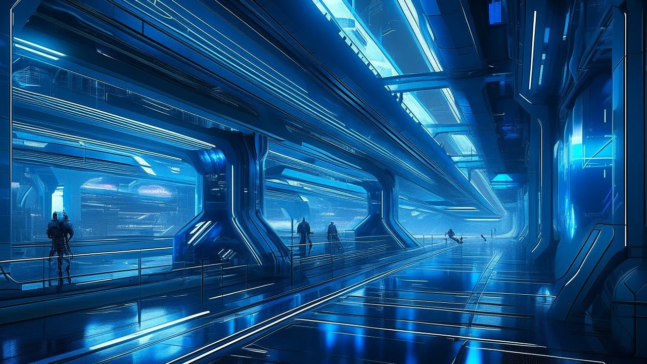 Una ciudad asiática hiperconectada articulada en torno al concepto de movilidad, explorada desde el render hiperrealista en estaciones elevadas, con estética high‑tech y lenguaje visual de larga exposición, hecha de acero y vidrio, en composición rítmica repetitiva, iluminada por neón azul, con paleta fría y atmósfera eléctrica.
