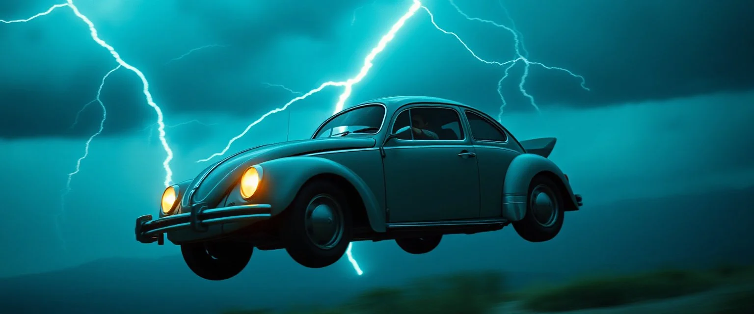 a high definition screen shot of a jet-fighter vw-beetle, retrofuturistic, phototrealism, in flight, one subject, thunderstorm