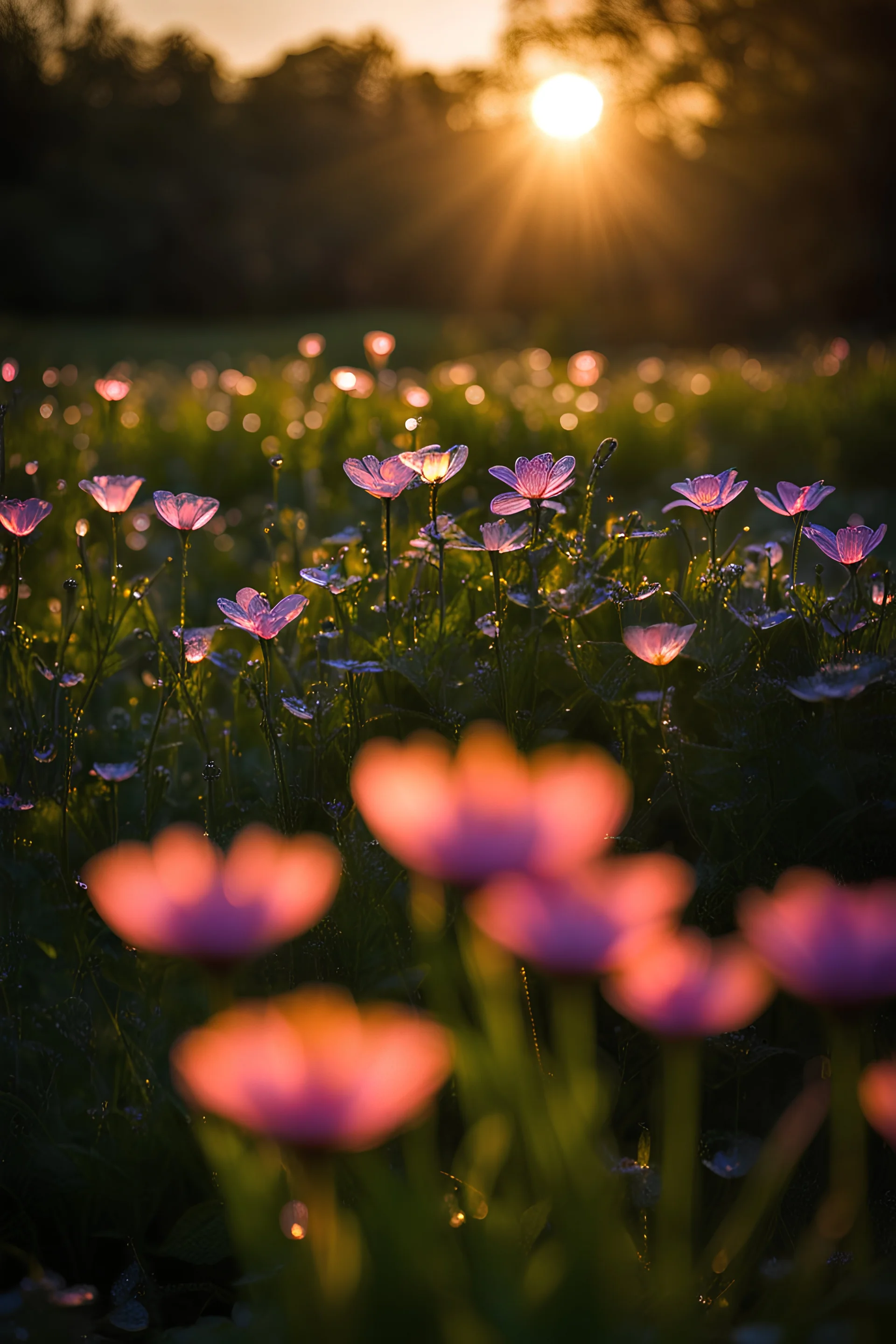 Morning Dew Serenity: Picture a delicate fluorescent glass flowers in the early morning light, adorned with glistening dewdrops. Sharp focus . Iridescent colors with intricate details. The tranquility of the scene mirrors the quiet strength that comes from embracing stillness and finding inspiration in the simplest moments.