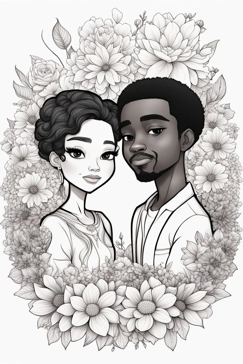 create a outlined coloring page of a chibi black characters of a male and female couple surrounded by flowers. Pay attention to the details of the faces and flowers and the emotions conveyed by the couple. White background, sketch style, half of body, use outline, Mandala style, clean line art, no shadows, no coloring, no shading, no grey.