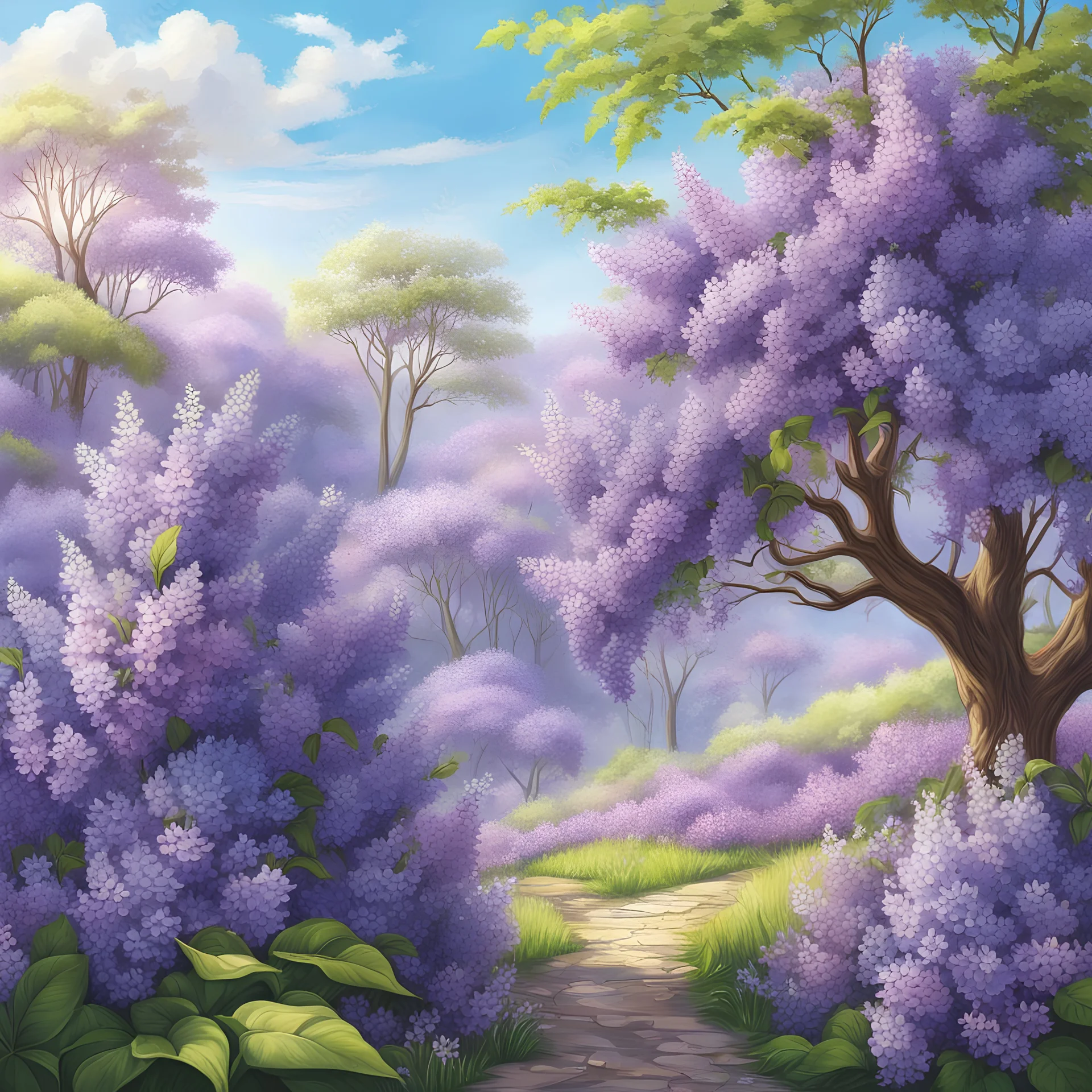 Photo lilacs spring clear day, not drawn, very realistic and detailed 8k, detailed drawing Beautiful scene, in high quality, ultra HD res, 8k