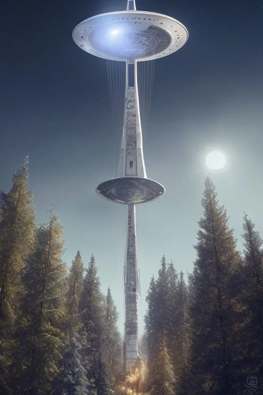 a group of school kids see a saucer shaped ufo::25 with (three lights underneath), flying over tall pine trees, near a high voltage powerline the year is 1966 in color, concept art, by Asaf Hanuka, by Weta Digital, Electric Colors, Screen Space Global Illumination, in a symbolic and meaningful style