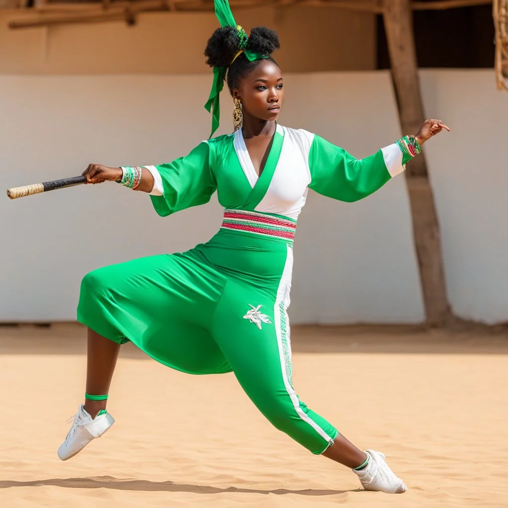 A surprised Niger sublime dancer woman, 24-years-old wearing a white and green one-piece swimsuit , she executes the crane movement of karate kid