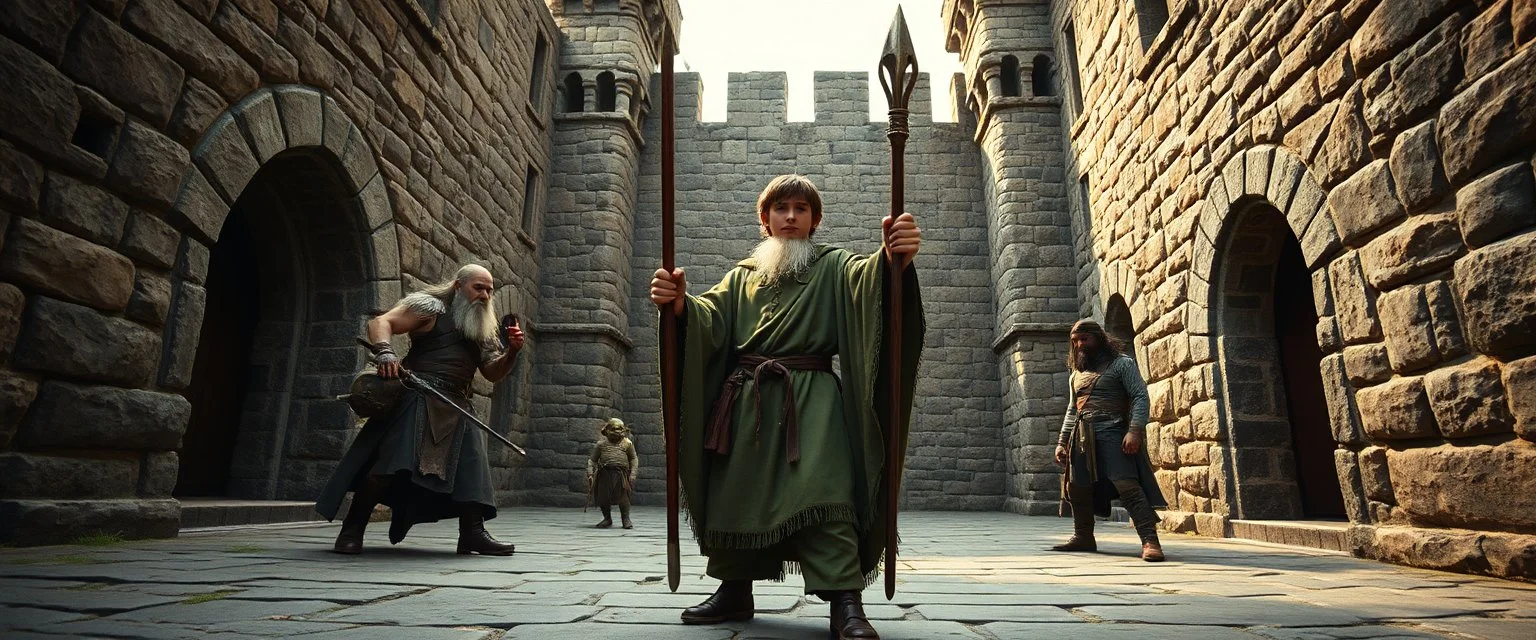 movie poster[Shot 6] An eight-second cinematic fantasy scene in an ancient stone courtyard of a Forgotten Realms castle, late afternoon. Begin with a low wide establishing shot moving slowly forward toward a young wizard in a weathered green cloak and his adventuring companions, a rugged barbarian and cautious ranger. Two goblins approach in the background. The camera gently arcs around the wizard as he raises his staff and confidently begins a summoning spell. poster
