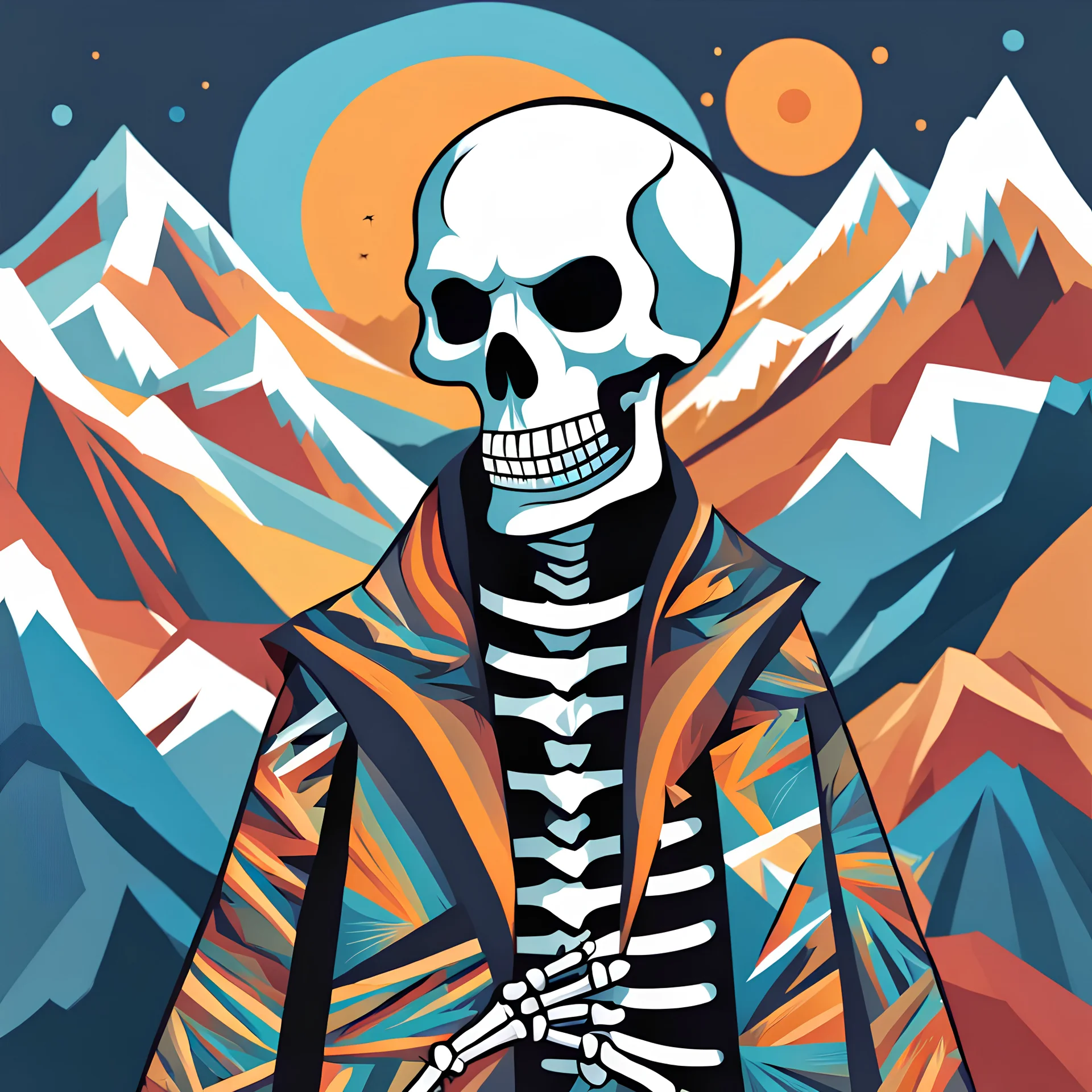 abstract style {skeleton in mountain of caucuses wearing a coat.} . non-representational, colors and shapes, expression of feelings, imaginative, highly detailed