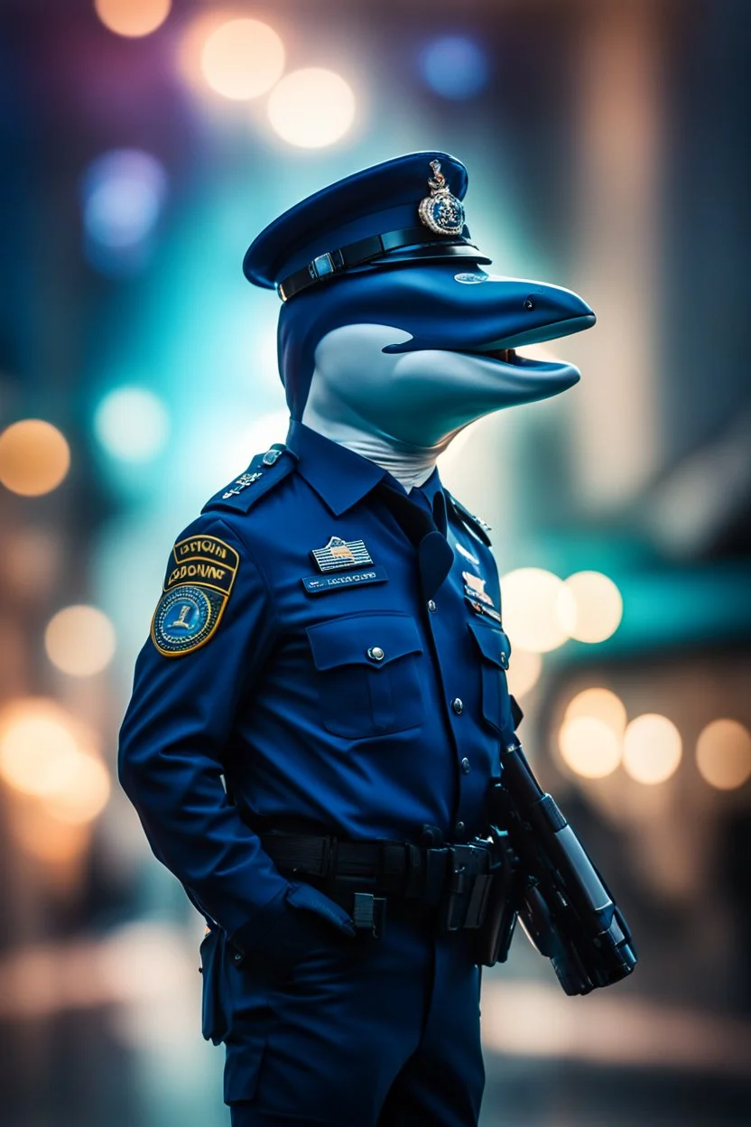 a dolphin policeman, bokeh, downlight, prize winning, depth of field, in the style of ivo caprino, backlight, aura