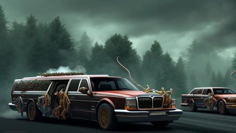 the funeral buss driving on the freeway, angry orcs, perfect composition, hyperrealistic, super detailed, 8k, high quality, trending on artstation, studio photo, highly detailed, wide borders