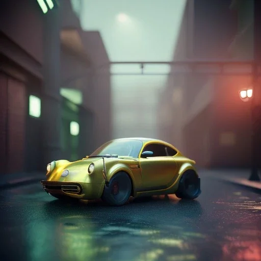 3d rendering. futuristic steampunk yellow car. Tokio background. Lost in Time