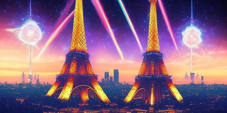 Eiffel tower made from diamonds . nebula in sky . flying cars passing by.