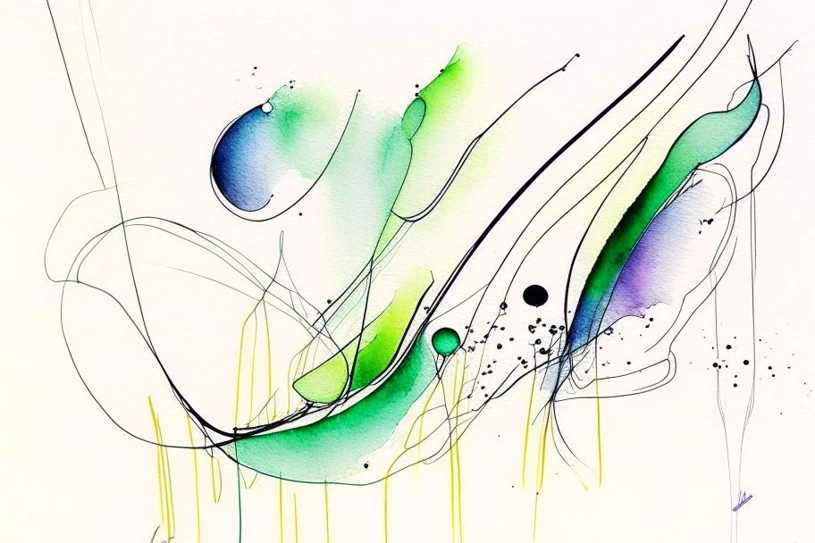 Abstract wet watercolour, one line drawing