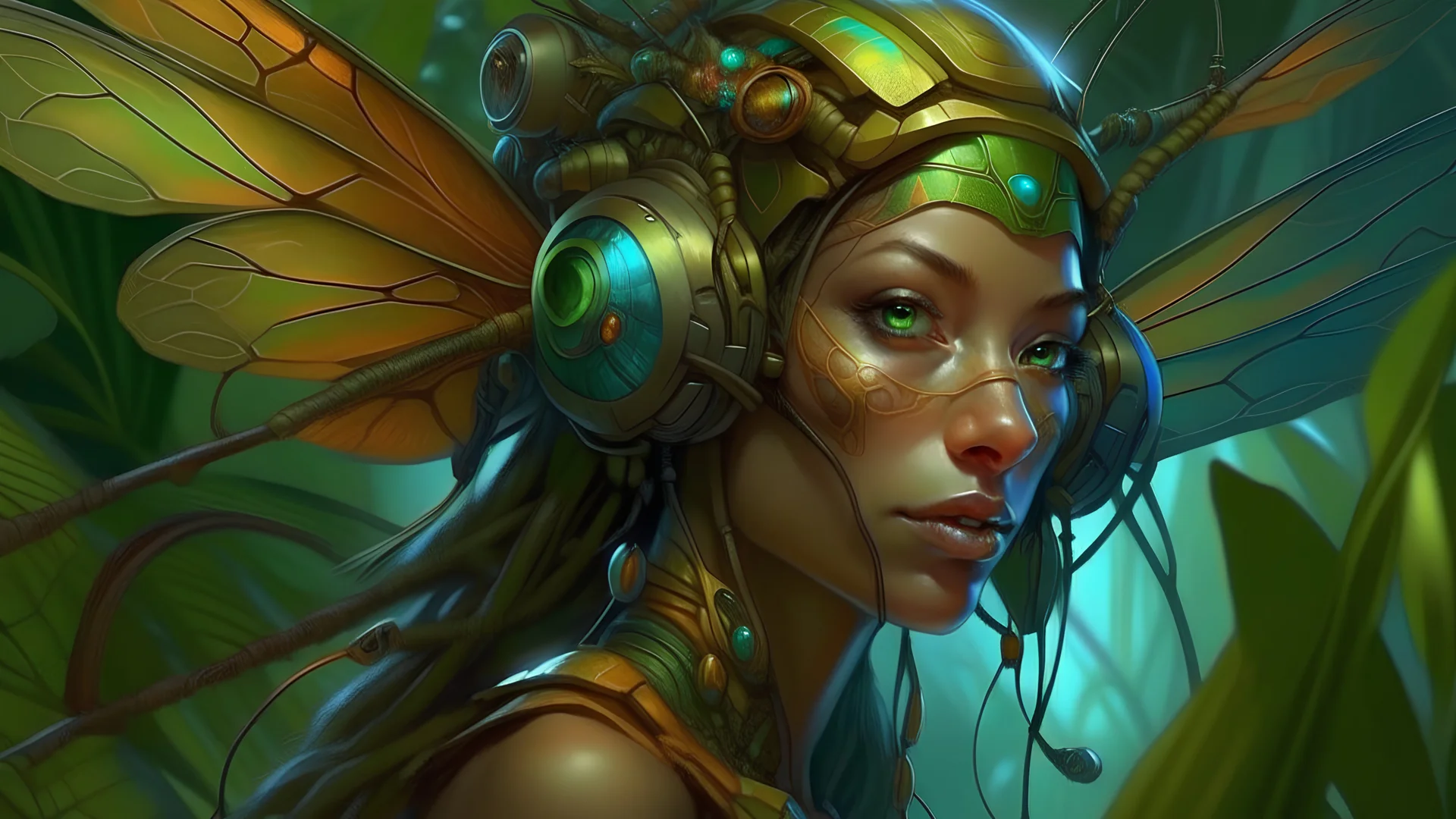 JUNGLE BIOCYBERNETIC INSECT, highly detailed character in digital fantasy, painted portrait, artstation, concept art, hard focus, illustrations, works by Artgerm and Greg Rutkowski, Alphonse Mucha and Craig Mullins,