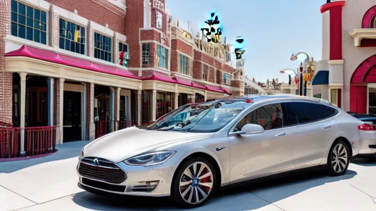 A Tesla's 'Model S Plaid' is racing at top speed, across the 'Universal Studios Orlando', in Florida. CINEMATIC. WIDE ANGLE LENS.