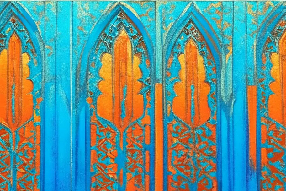 semi-abstract painting, triptych with 3 gothic_arab gates in blue, turquoise and orange