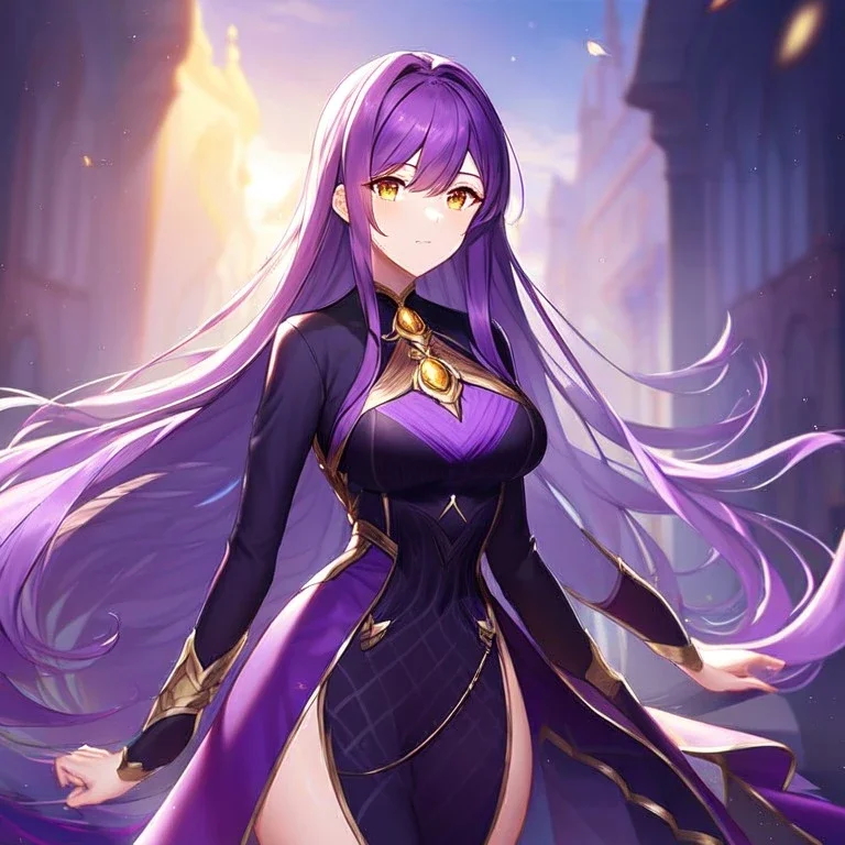 girl, masterpiece, best quality, cinematic lighting, detailed outfit, perfect eyes, long hair, purple hair, vibrant golden eyes, girl, princess