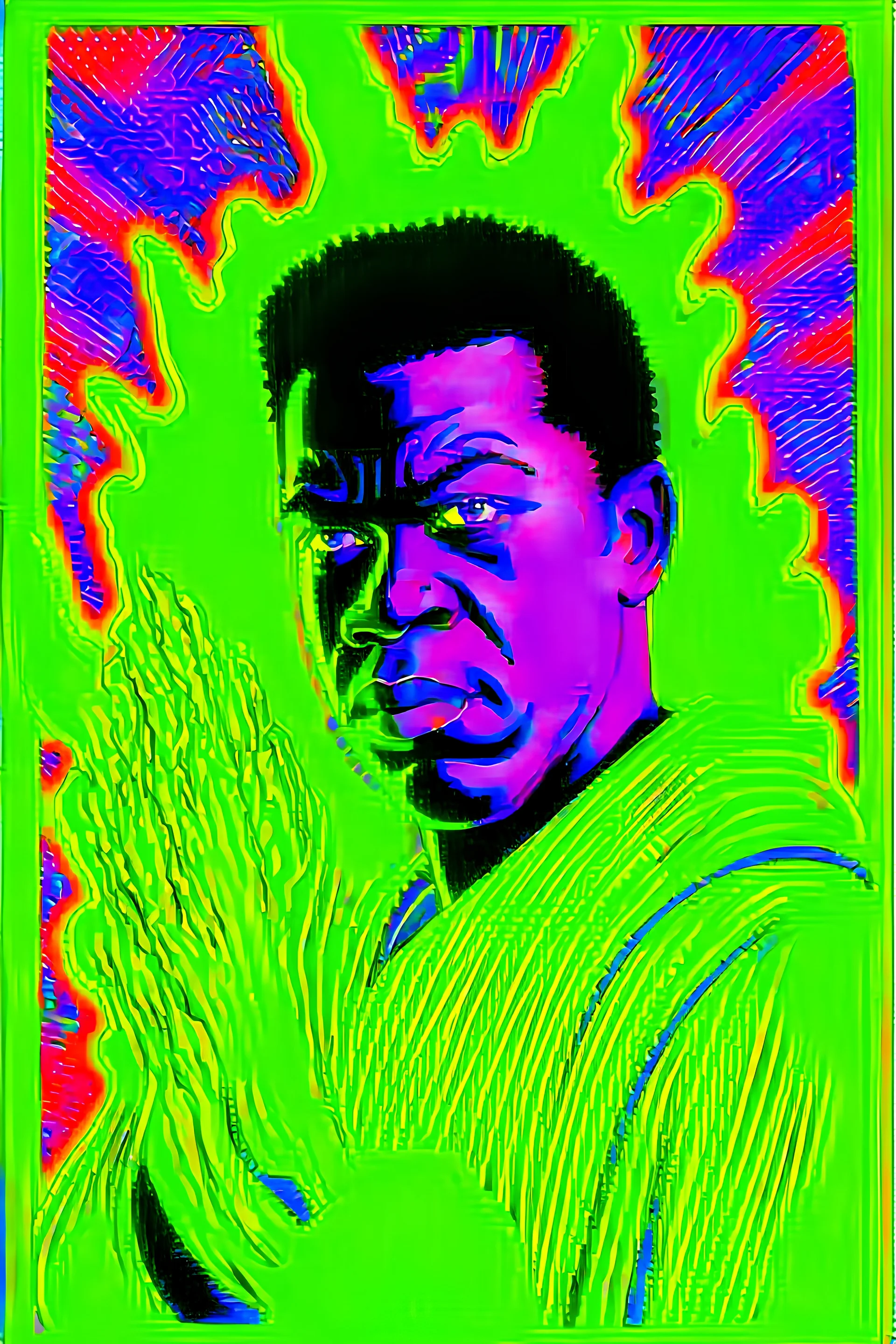 70s Black light poster design in the style of George Goode, featured “a black man rais[ing] his unshackled fist while the background bursts with fluorescent yellow flame.” neon fluorescent glow, psychedelic, bright, shimmering, fluorescent colors pop and sizzle, mystique, cosmic