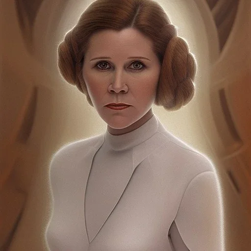 hyperspace background, complete and photo realistic detailed head to waist stunning photo realistic portrait of carrie fisher as Princess Leia in star wars with photo realistic minimal updo hair by Mandy Jurgens and mucha and Richard Schmid and chuck close and chie yoshii, extraordinary and detailed ceremony dress of star wars,brown eyes