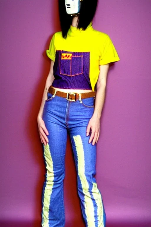 Photograph of a woman. Low waist jeans! bright blue jean,baggy, 1996!Huge plant prints on denim,terracotta,cream,purple,lilac. Cream colored latex parts. imperial yellow, red plum stripes, only on the top half of t-shirt. European daft punk woman. Mantle is sewed of recycled Denim and sewed together of recycled polymer felt. lace, Yellow(Munsell) areas. hint of orange as effect color!!Big bright purple/khaki felt tippet and cream or blue or lilac colored-hood. mantle is merged with cobalt bole