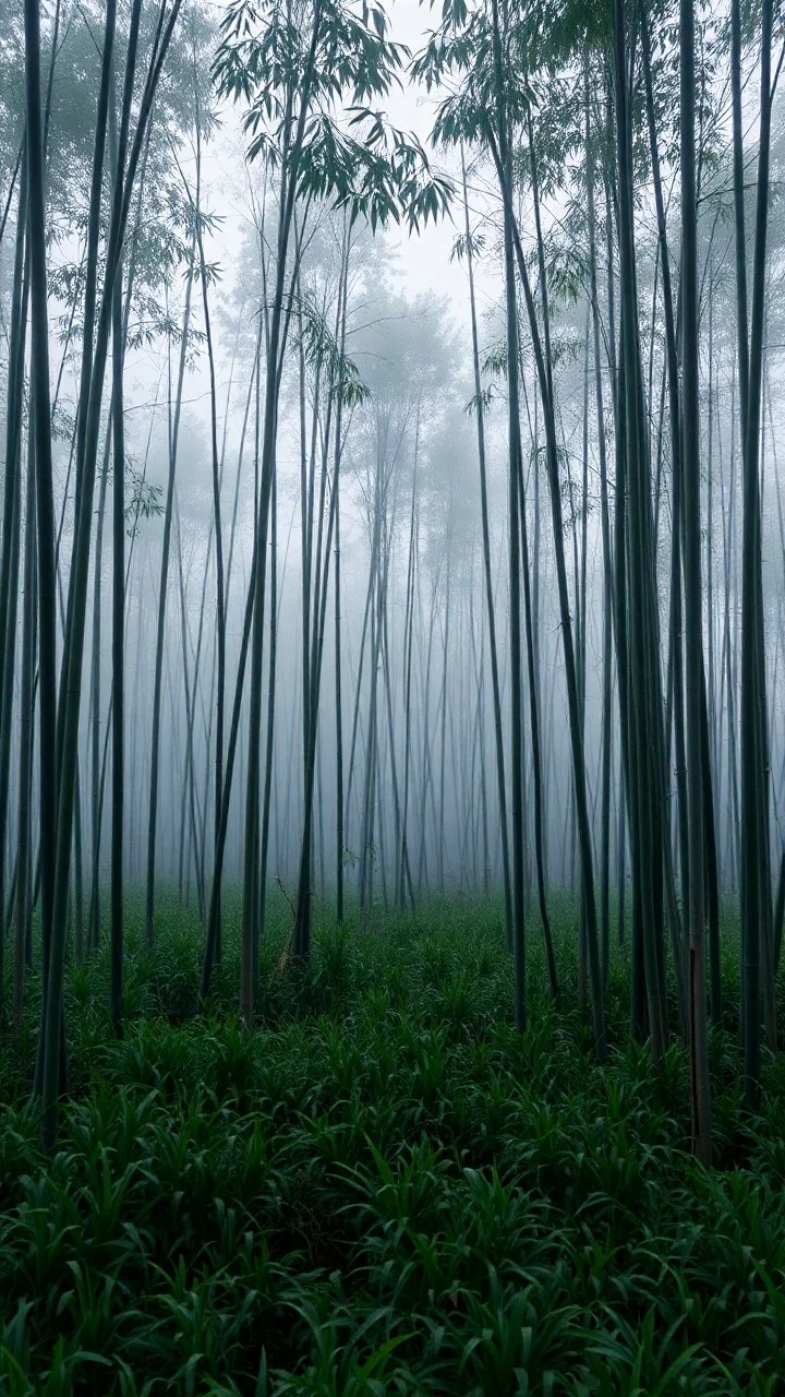Field of bamboos gray trees in the swamp , dim light , foggy, sad, cloudy, atmosphere,