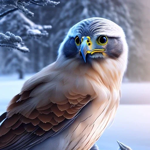 portrait of a bird of prey, feathers, extremely sharp detail, finely tuned detail, ultra high definition, 8k resolution, dynamic lighting, unreal engine 5, ultra sharp focus, mountains, winter landscape, background trees