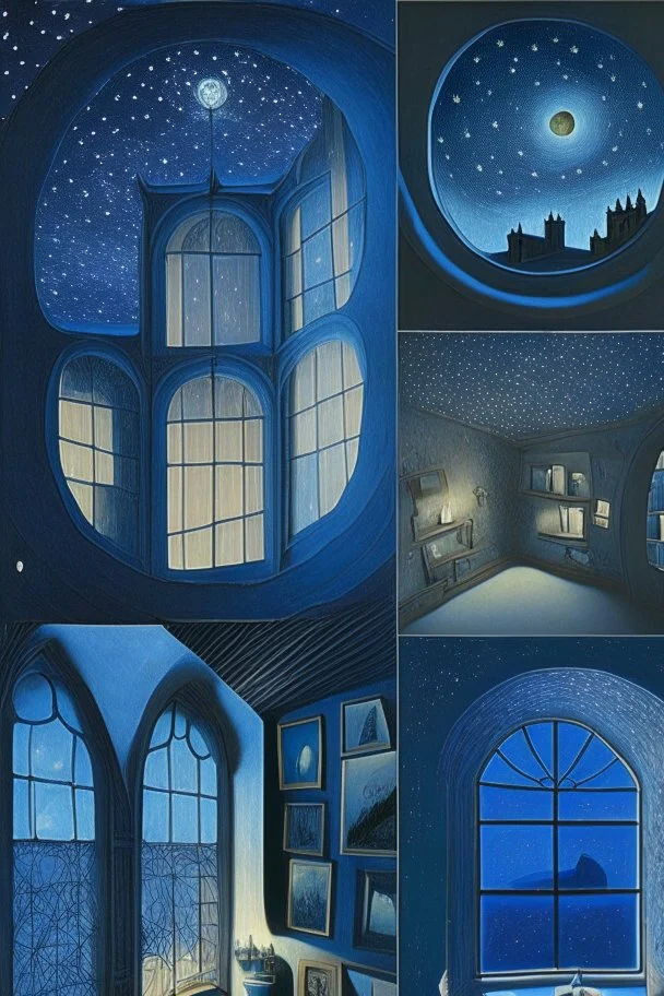 Interiors, from this window, see a starry sky, nightview, gaudi hadid";sharp focus"i can see the street below;by artist "Hans Memling";multiple focal points;" Giovanni Battista Piranesi";by photographer "Bernd & Hilla Becher";perspective" , like a dream, "Phoebe Wahl","dali magritte"