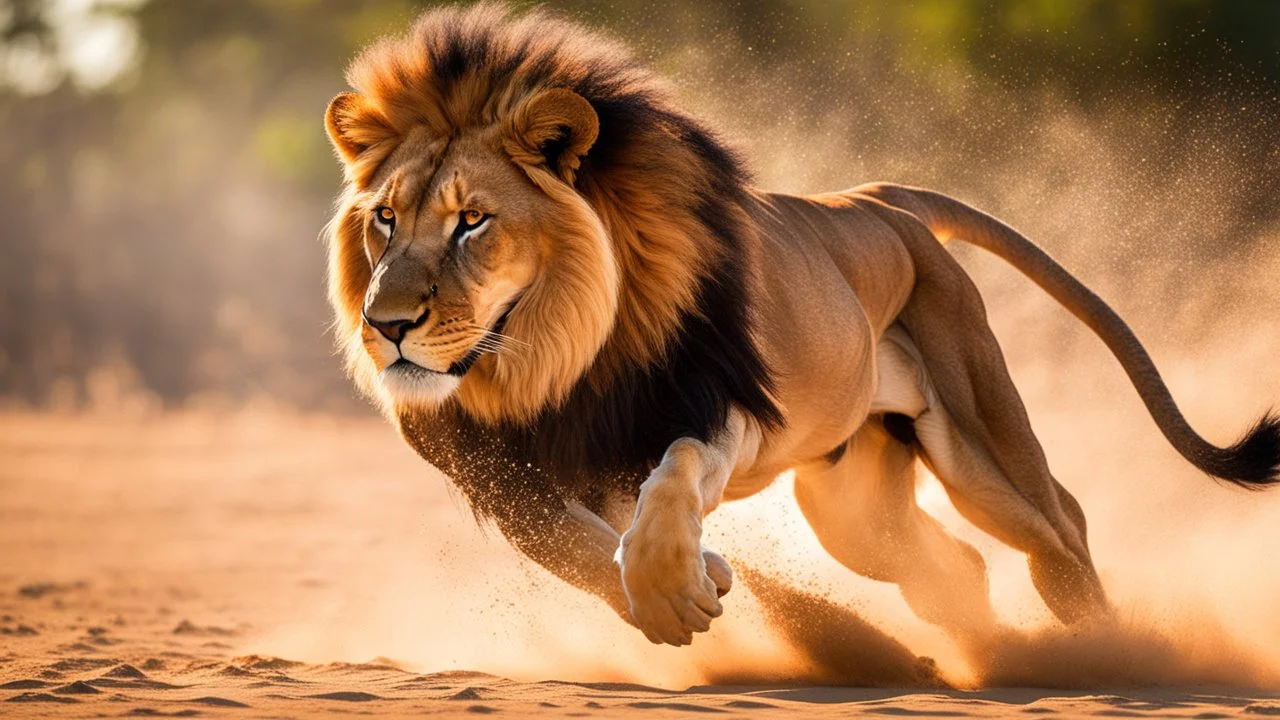 A large african male lion chasing a zimpala, dynamic action, jumping, splashes of sand, nature photography, raking light, blue lights in the background --ar 16:9 --style raw --v 6.0