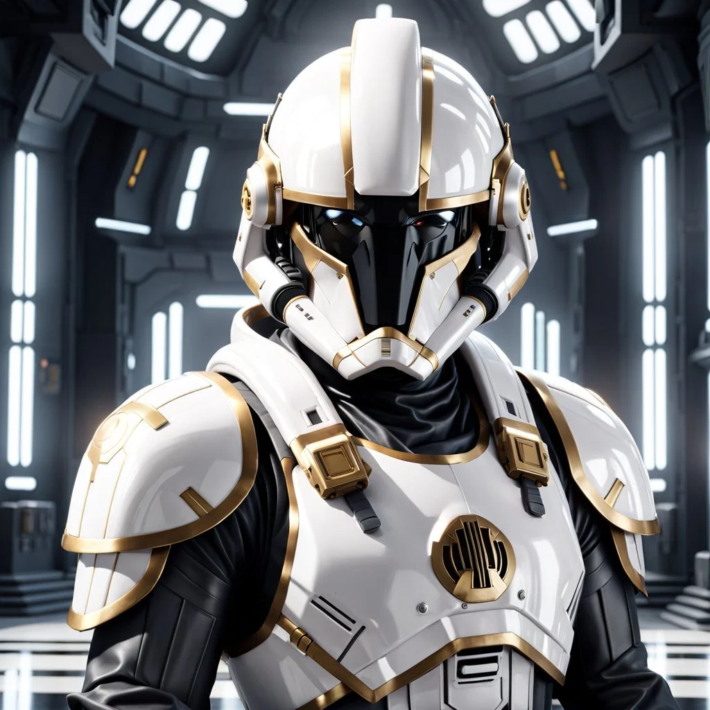 star wars bald male corellian pilot wearing pearlescent black and gunmetal grey First Order special forces heavy assault armor and helmet with gold trim inside the jedi temple, centered portrait, hyperdetailed, dynamic lighting, hyperdetailed background, 8k resolution, volumetric lighting, light skin, fully symmetric details