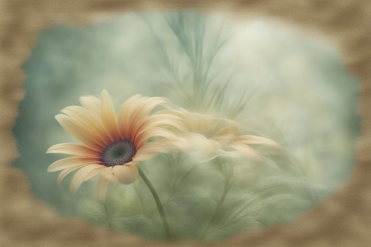 flowers, blur 5%, double exposure, merged layers, in the first part (near to us) of the picture you can see a plain sandblown smoked glass, engraved with a folk art pattern, the glass is cracked in several places, in some places the glass is broken, crumpled burlap, through it you can see a tropical rainforest with a waterfall, mist, fog, sunrise