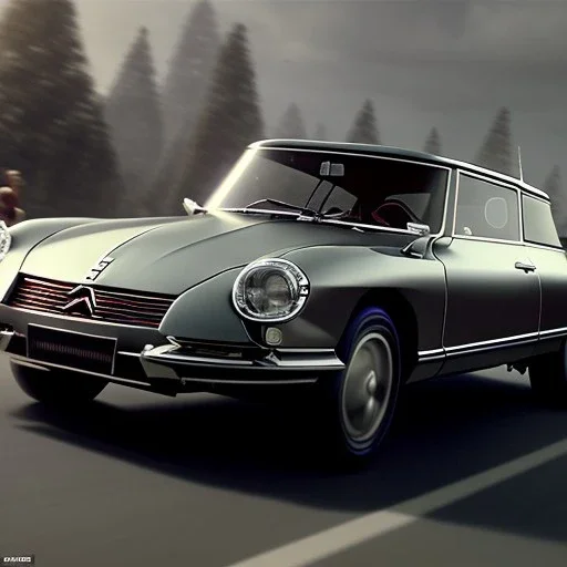 hyperrealism Drawing of 'Citroen DS' three quarter frontal aerial view, by gaston bussiere, greg rutkowski, yoji shinkawa, yoshitaka amano, tsutomu nihei, donato giancola, tim hildebrandt,oil on canvas, cinematic composition,Sharp detail,extreme detail,fit full head inside picture,16k