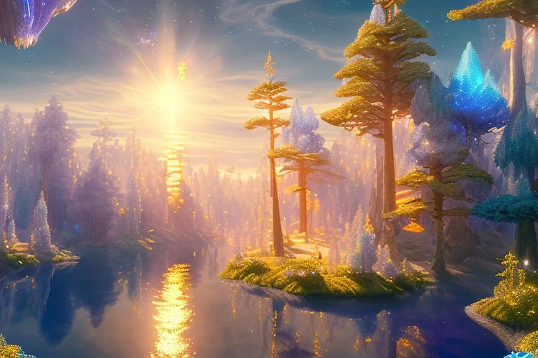 blue and gold crystal cosmic and galactic ambiance sky trees river lake, full of details, smooth, bright sunshine，soft light atmosphere, light effect，vaporwave colorful, concept art, smooth, extremely sharp detail, finely tuned detail, ultra high definition, 8 k, unreal engine 5, ultra sharp focus