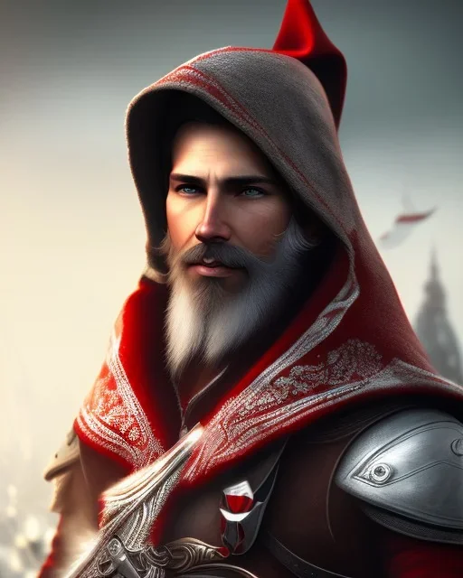 Santa Cruz with long Beard in red assassin Creed clothes,full detail face, high details, cool 1800 city background,