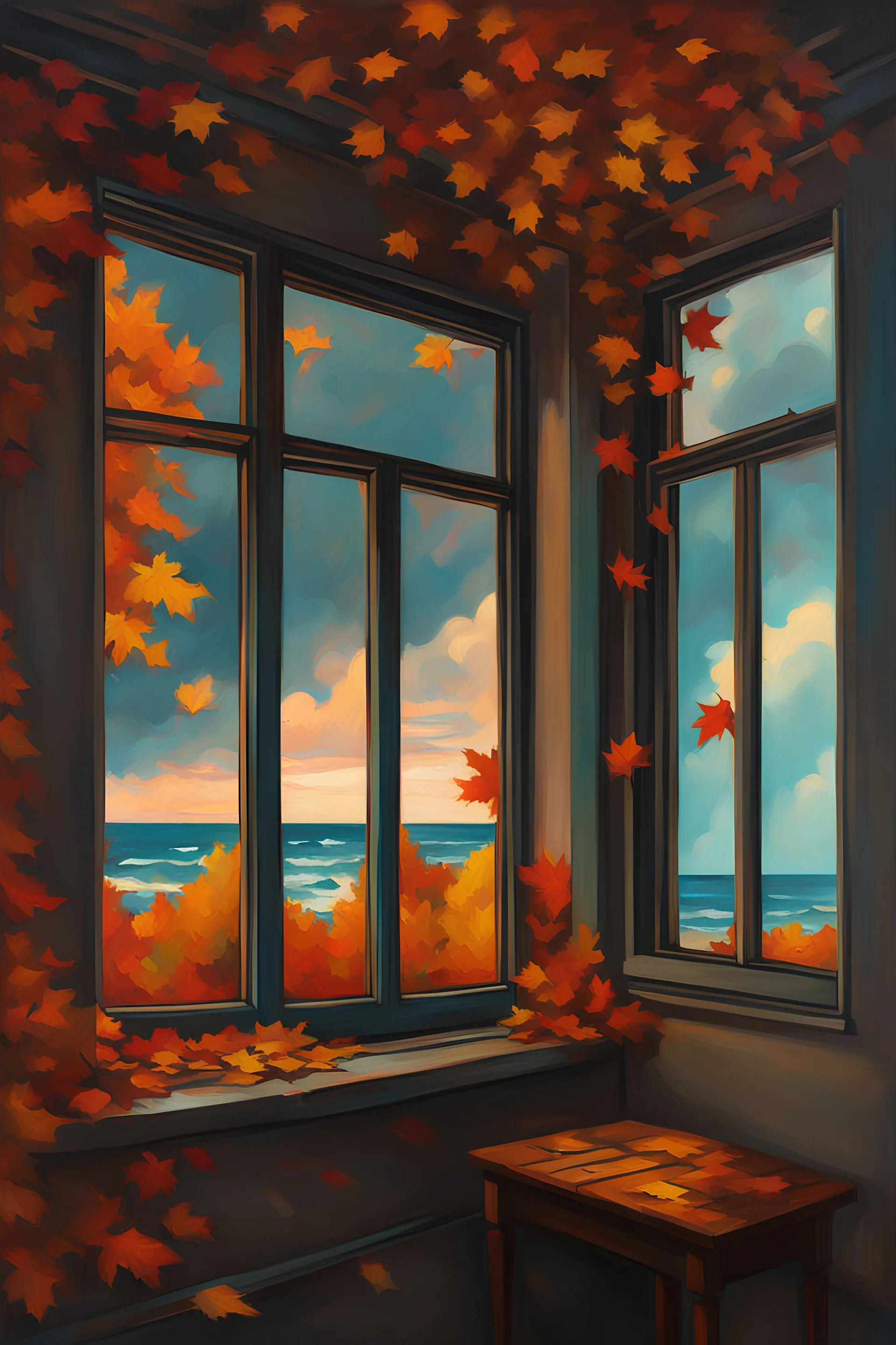 Cloudy day, window, autumn leaves, cyberpunk influence, retrowave, Auguste oleffe impressionism paintings