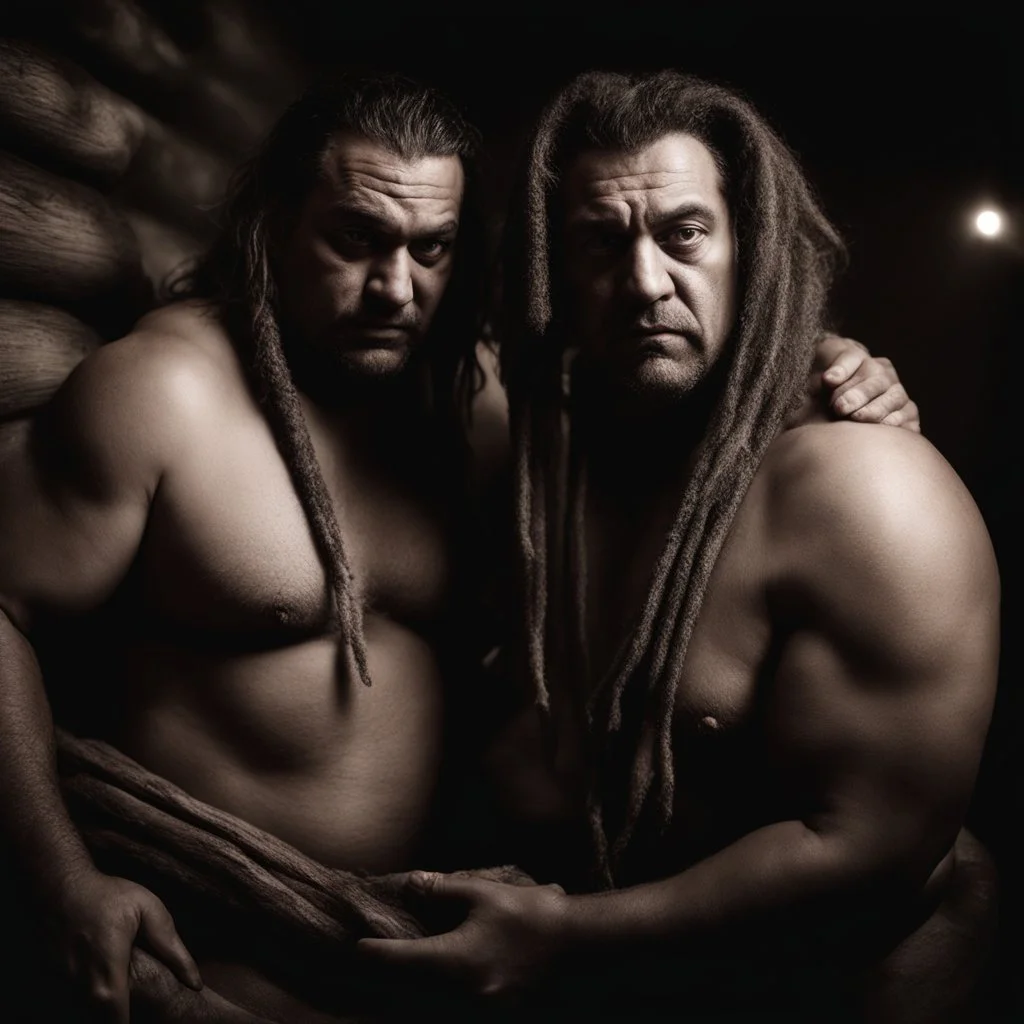 half figure shot photography of two angry gipsy 41 years old burly chubby ugly men embracing tightly from back, leaning forward, dreadlocks, shirtless, in a sauna full of steam, dim lights, side light, ambient occlusion,