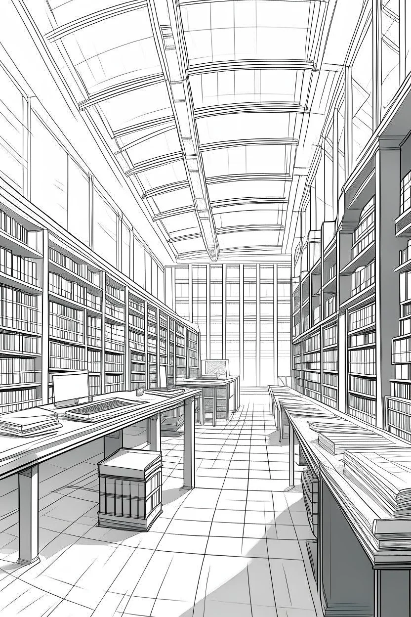 Library, state-of-the-art computers, book search. High-quality drawing, 8K