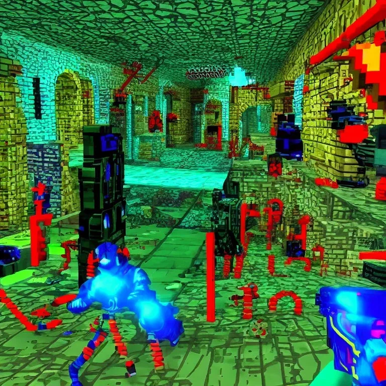 first person shooter,90’s,colorful, 90’s 3d, 90’s mall inside,90’s video game 3d,city, crypt underworld video game, cryptworlds video game, cicada marionette, crypt underworld video game, crypt underworld videogame