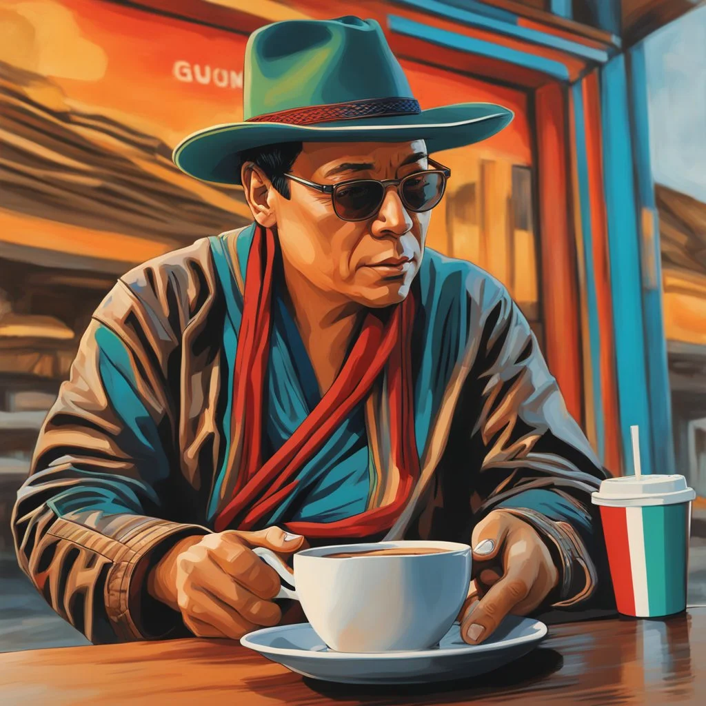 Imágen de arte lineal de Gustavo Petro tomando café, sombrero, ruana al hombro, sin corbata, calidad ultra, hiperdetallado, 8k, 3d, colores complementarios