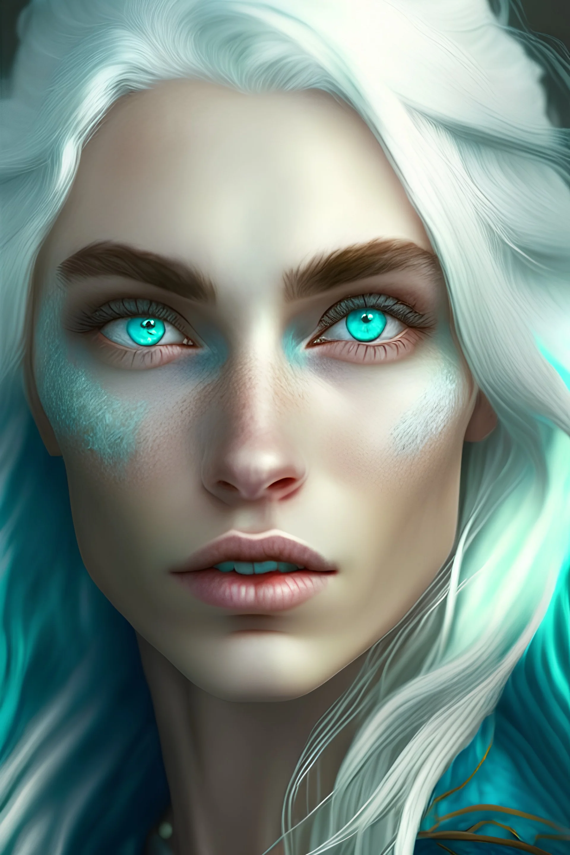 إمرأة جميلة جدا ببشرة زرقاء وعينان خضراوتان وشعر أبيض ناعم وجميل