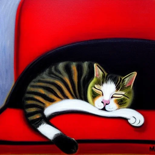 oil portrait of a Cat sleeping in a Black sofa by Monet 8k