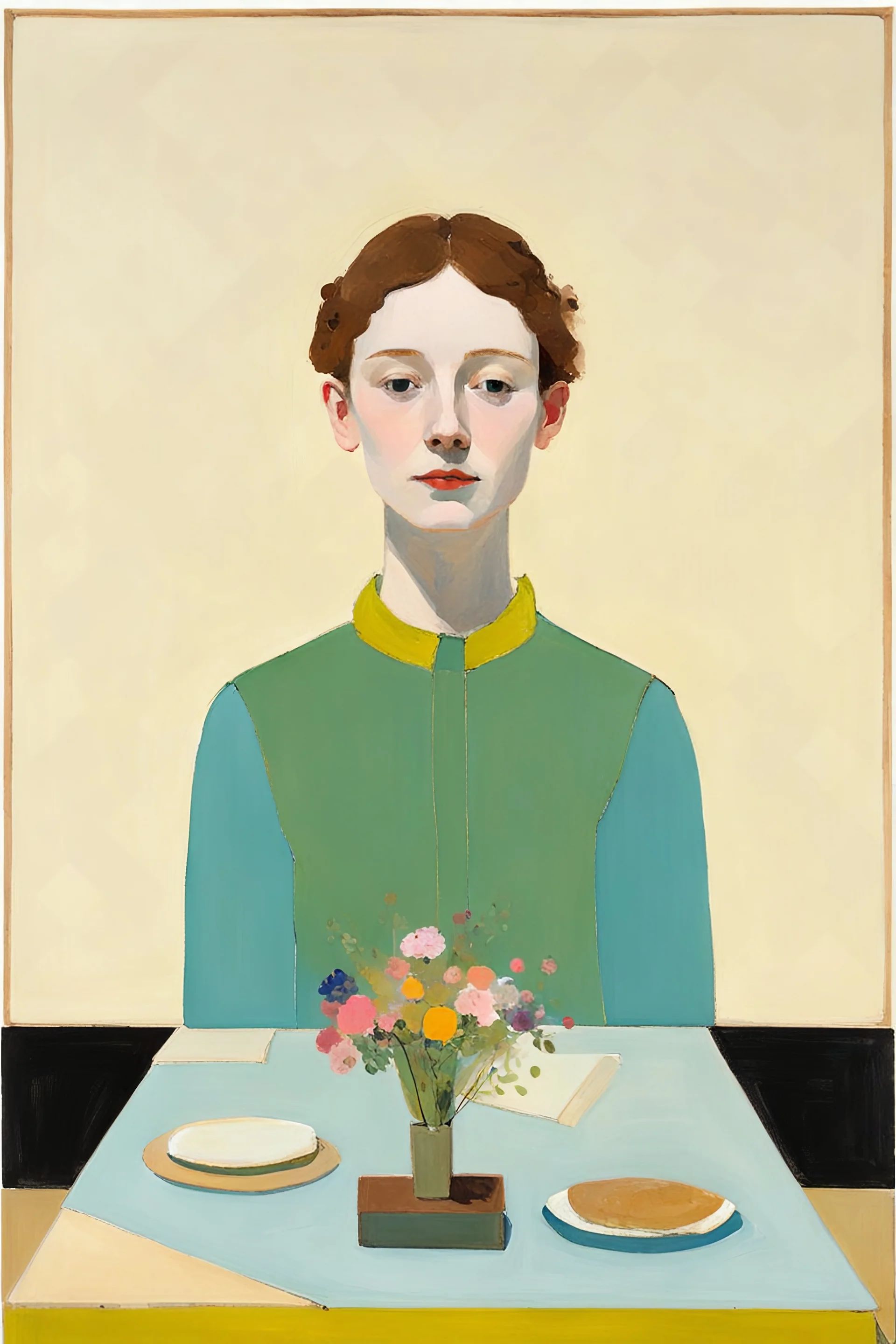Euan Uglow, Loomis method facial planes, landscape background, table, mixed media, 3/4 portrait, happy woman, neon colors, flowers sprouting from chest, botanical elements, birthday cake