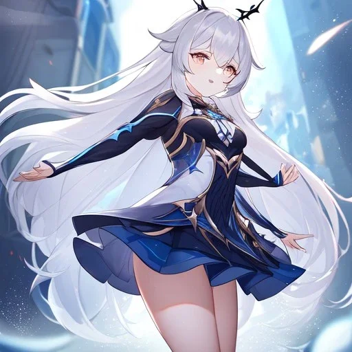 Clear focus, High resolution, Rough line, cute, cartoon style, white long hair, spiky hair, wearing a Honkai Impact Star Rail outfit, wearing a skirt